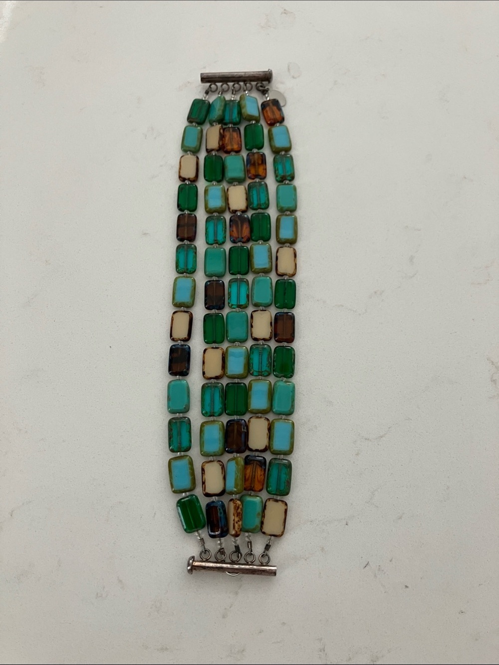 Stephanie Wolf Green and Teal Glass Tile Bracelet.  A Martha’s Vineyard Staple